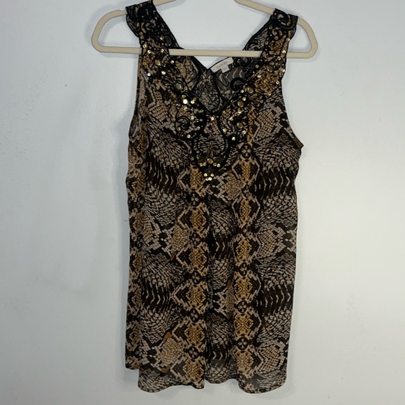 Sheer Boho beaded tank top Size Medium Snakeskin Browns Harlow Zee Tunic - Picture 1 of 9